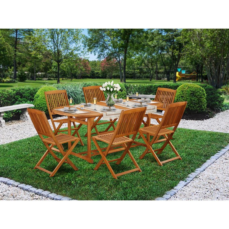 7 Piece Patio Dining Set Consist of an Oval Outdoor Acacia Wood Table and 6 Folding Side Chairs, Natural Oil