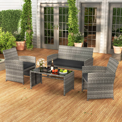 4 Piece Patio Furniture Set Outdoor Wicker Conversation Set w/ Tempered Glass Coffee Table