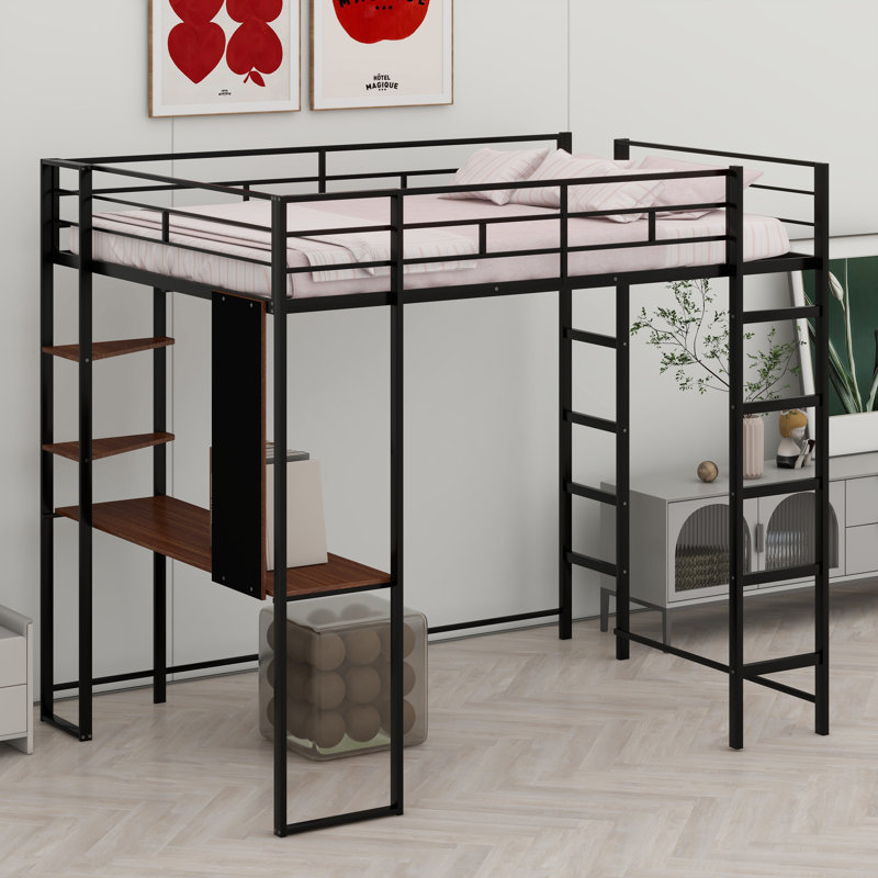 Metal Loft Bed With Shelves And Desk, Black