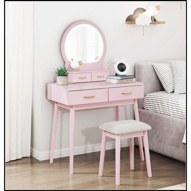 Beautiful Pink Vanity Dresser With Mirror, Stool, And Storage Drawers For Bedroom Elegance And Functionality, Pink