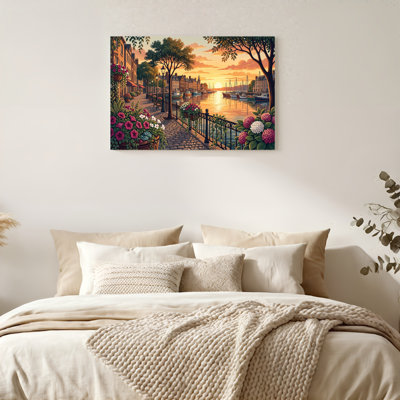 «Gallery Wrap», art mural sur toile pour le salon, la chambre à coucher, le bureau ou le vestibule - décoration murale décorative avec coucher de soleil sur le canal