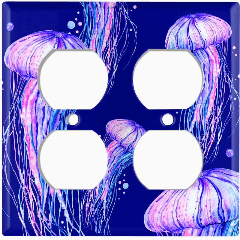 Jelly Fish Pink Party Dark Blue Nautical & Beach 2 - Gang Duplex Outlet Standard Wall Plate