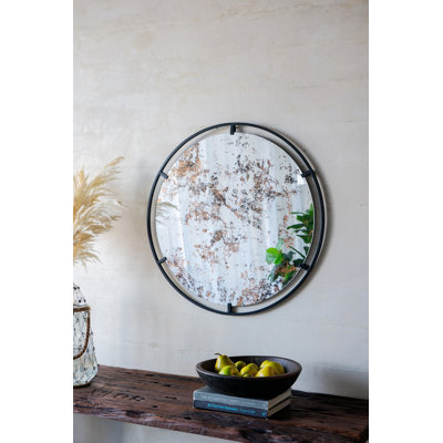 Industrial Design Round Mirror With Metal Frame For Wall And Entryway Decor