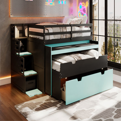 Loft Bed with Pull-Out Desk and Twin Trundle, Multi-Functional Bunk Bed with 2 Storage Drawers and Storage Steps, Space-Saving Gaming & Workstation Bedframe
