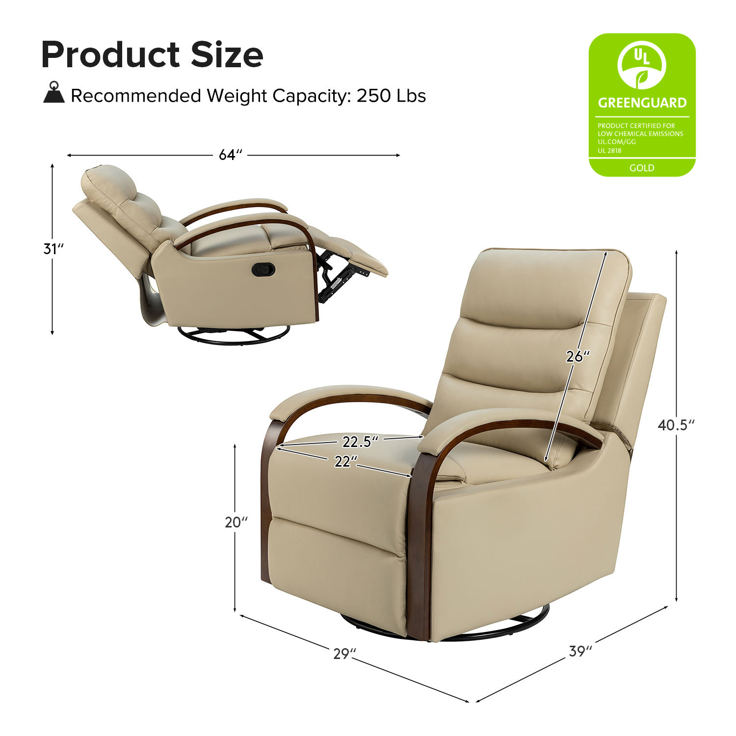 Azilda 29" Genuine Leather Manual Swivel Recliner, Beige Genuine Leather