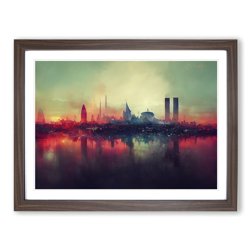 Dystopian London Skyline Abstract - Single Picture Frame Painting, 46cm H x 64cm W x 2cm D, Walnut