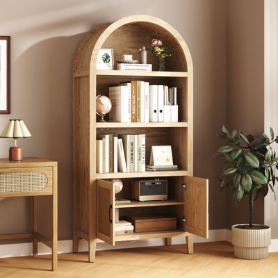71" Tall Arched Cabinet, 5-Tier Arched Bookcase With Doors And Open Shelf