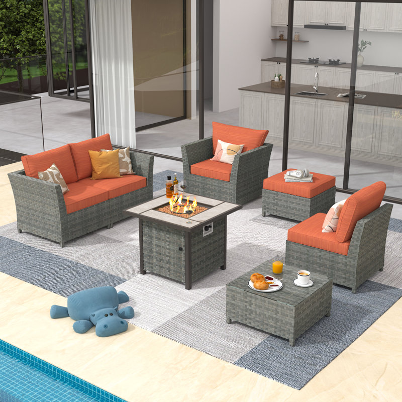 Nakeisha 5 - Person Patio Conversation Set with Cushions, Orange, Yes