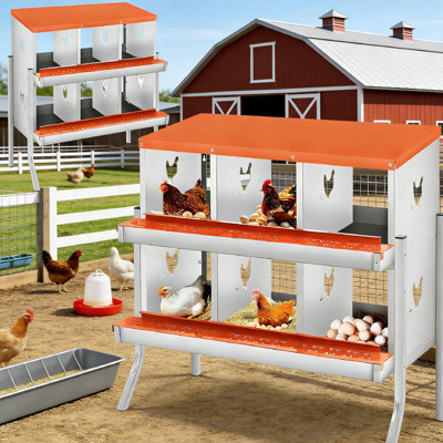 Metal Nesting Boxes for Chickens-6 Compartment Chicken Nesting Box with Bracket Legs for Laying Eggs, Wall Mountable Roll Away Laying Boxes for Hens and Chicken Coop,Orange