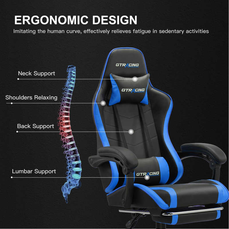 CG INTERNATIONAL TRADING Adjustable Reclining Ergonomic Swiveling PC & Racing Game Chair with Footrest, Blue