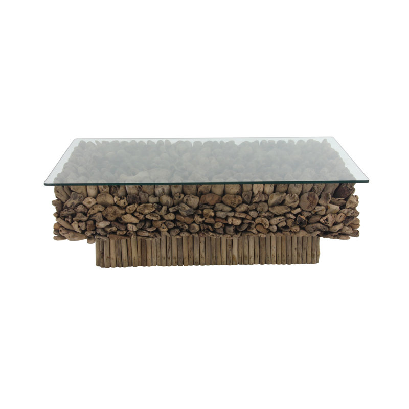 Brown Driftwood Handmade Stacked Collage Living Room Coffee Table with Tempered Glass Top and Pedestal Base, 49" x 30" x 17"