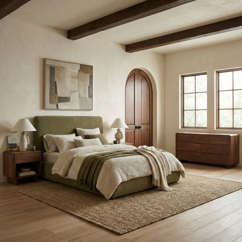 Callahan Upholstered Bed, Olive Green Faux Sherpa, Full / Double
