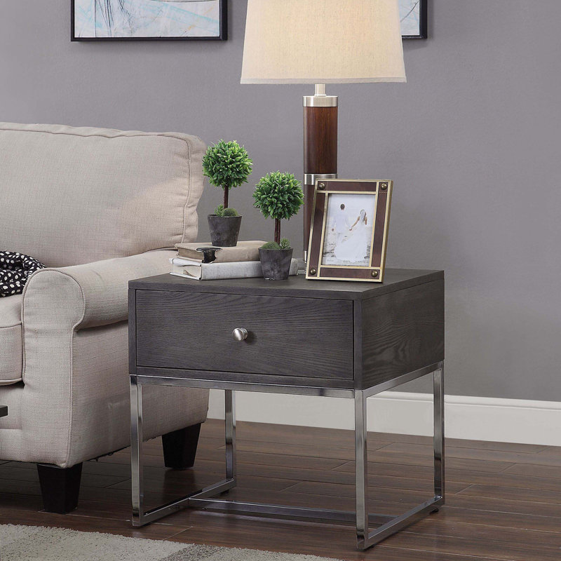 Table d'appoint en chêne gris, style moderne avec rangement fonctionnel, table contemporaine intégrée.