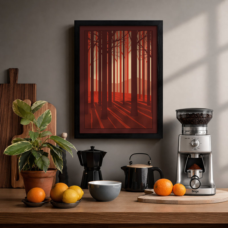 Forest in Red Light Japandi - Framed Print, Black, A4 - 29.7 x 21.0 cm