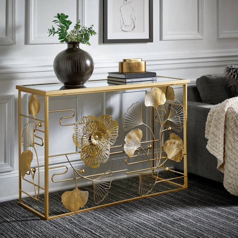 Lenssen Gold Finish Peony And Ginkgo Console Table With Mirror Top
