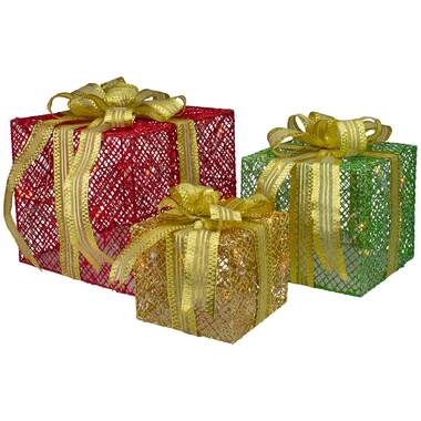 Set of 3 Lighted Tall Green Gift Boxes with Red Bows Christmas Outdoor  Decorations 18