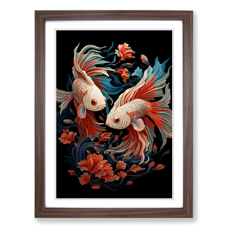 Siamese Fighting Fish No.3 1 Piece Single Picture Frame Wall Art, 34cm H x 25cm W, Walnut Framed