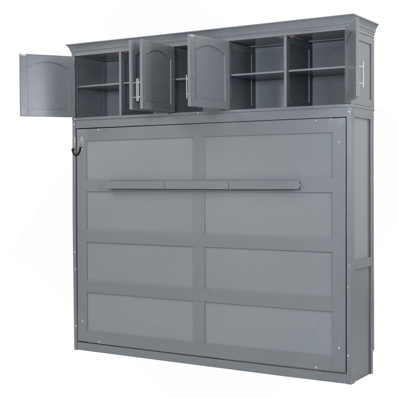 Lit escamotable double pleine grandeur avec armoires supérieures, gris, Grand lit, Gris