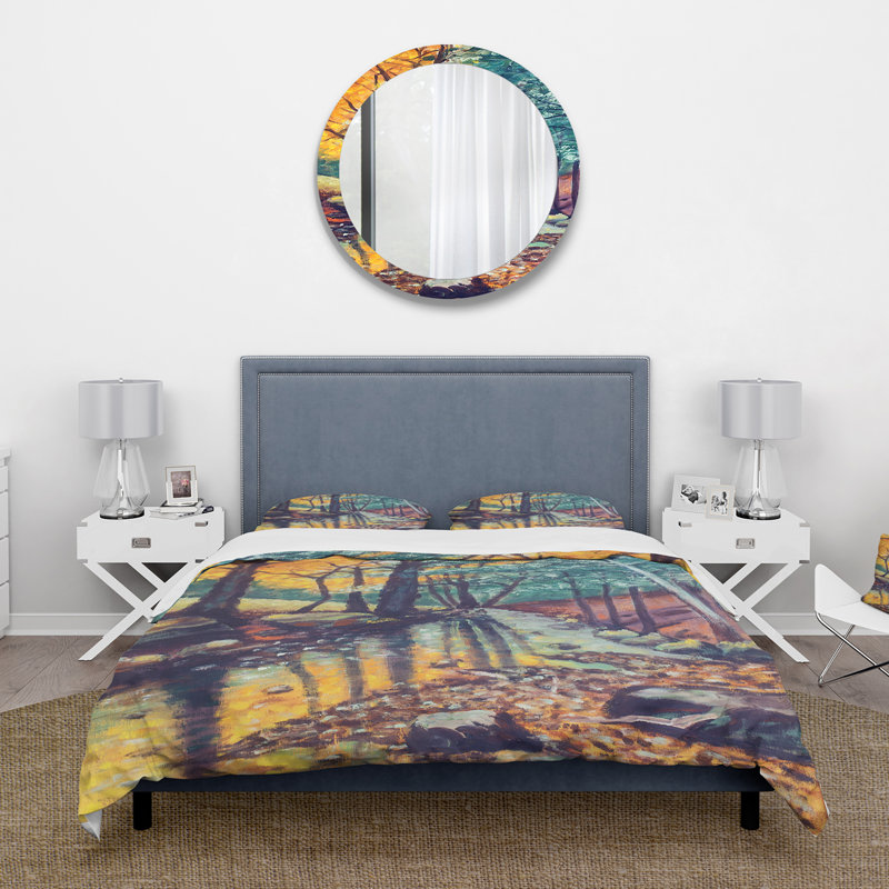Landscape With River In Autumn Forest Sunset - Ensemble de housse de couette traditionnel - Microfibre de polyester