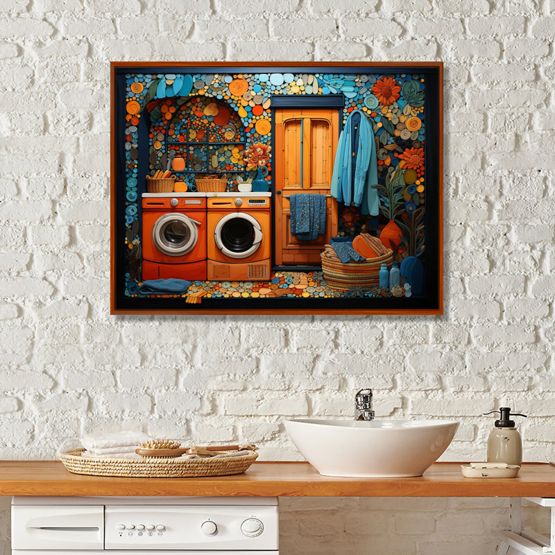 Blanchisserie Popart Room - Art mural, H 12 po x l 20 po x P 1 po, Cadre flottant brun