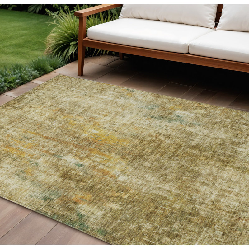 Tapis d'extérieur lavable abstrait beige et doré 10 pi x 14 pi brun
