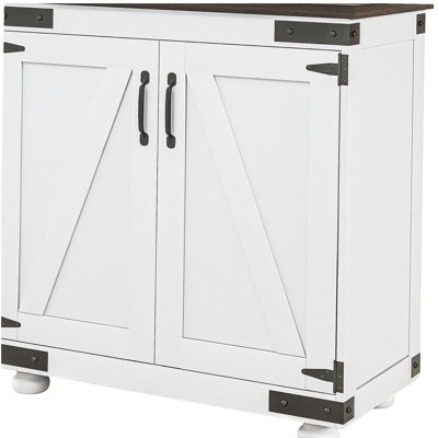 HOMCOM modern farmhouse style sideboard with barn doors and adjustable shelves, kitchen storage cabinet with wooden legs, retro white and brown
