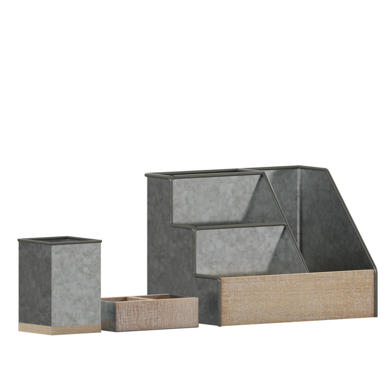 Kapricia Metal and Wood 3 Piece Desktop or Vanity Organizer Set, Galvanized