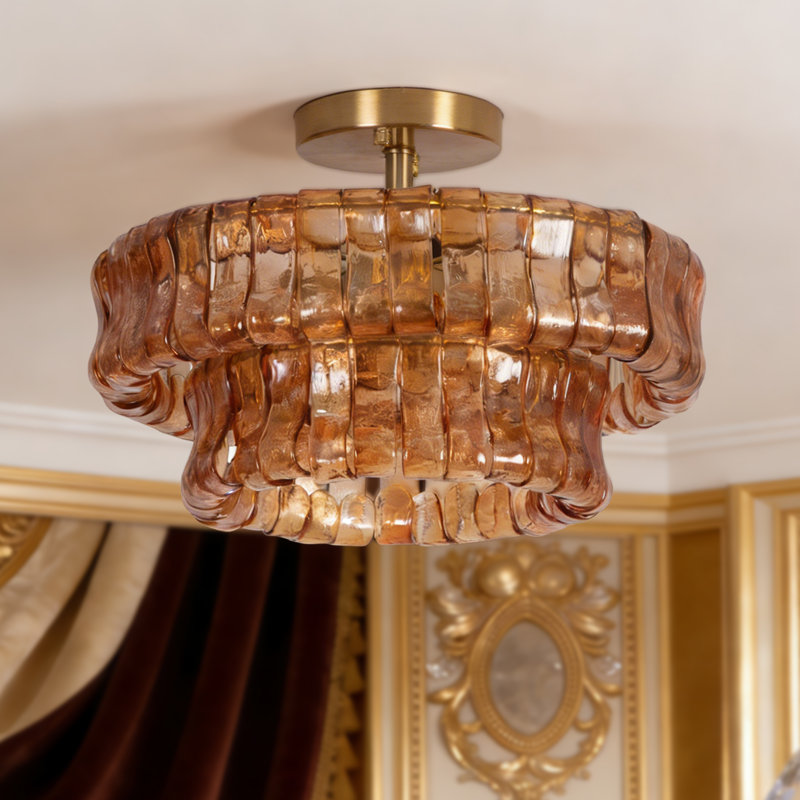 20" 6-Light Brushed Brass Double-Layer Amber Artistic Glass Unique / Statement Semi-Flush Mount For Living Room/Bedroom