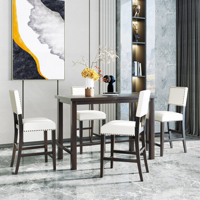 5-Piece Counter Height Dining Set, Classic Elegant Table And 4 Chairs In Espresso And Beige, Espresso