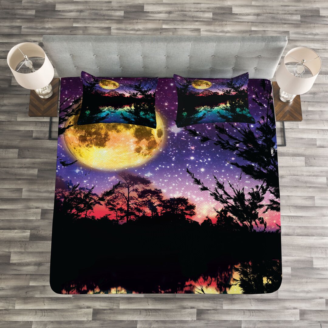 Gestepptes Bettdecken-Set, Night Sky Trees, Modern, Lila Pink und Blau