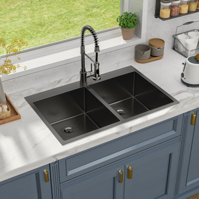 Drop-in Double Bowl Kitchen Sink 16 Gauge Gunmetal Black Sink