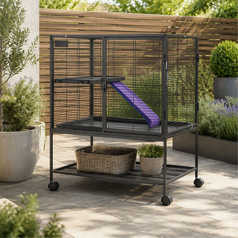 Cage à roulettes 36 po à 2 niveaux pour petits animaux en métal avec cage amovible
