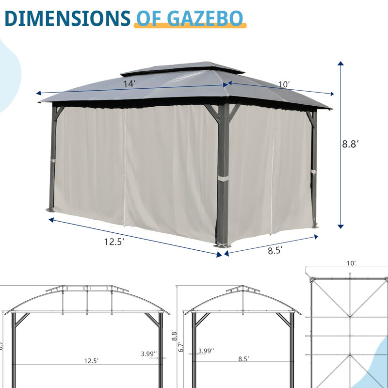 Pavillon de jardin 10 pi x 14 pi, gris Toits doubles, rideaux d'intimité. Fabrication en métal. Tissu. Spacieux pour 6 à 8 personnes. Terrasse, utilisation extérieure 10 X 14 pi - Conception du toit, protection. Cadre. Peut accueillir une tente