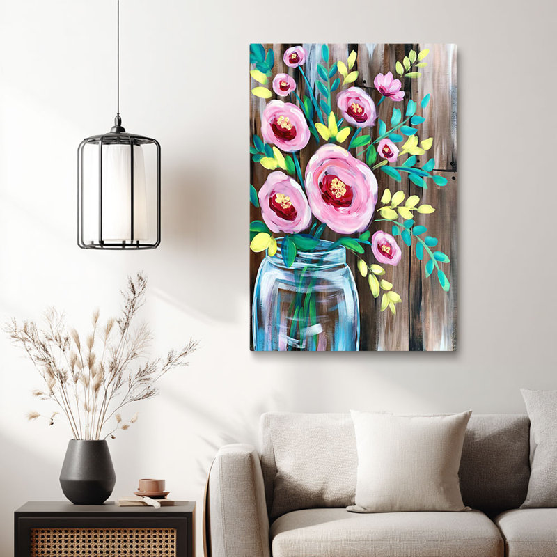 Art sur toile de pot de fleurs roses prêt à être accroché - salon confortable, H 12 po x l 8 po