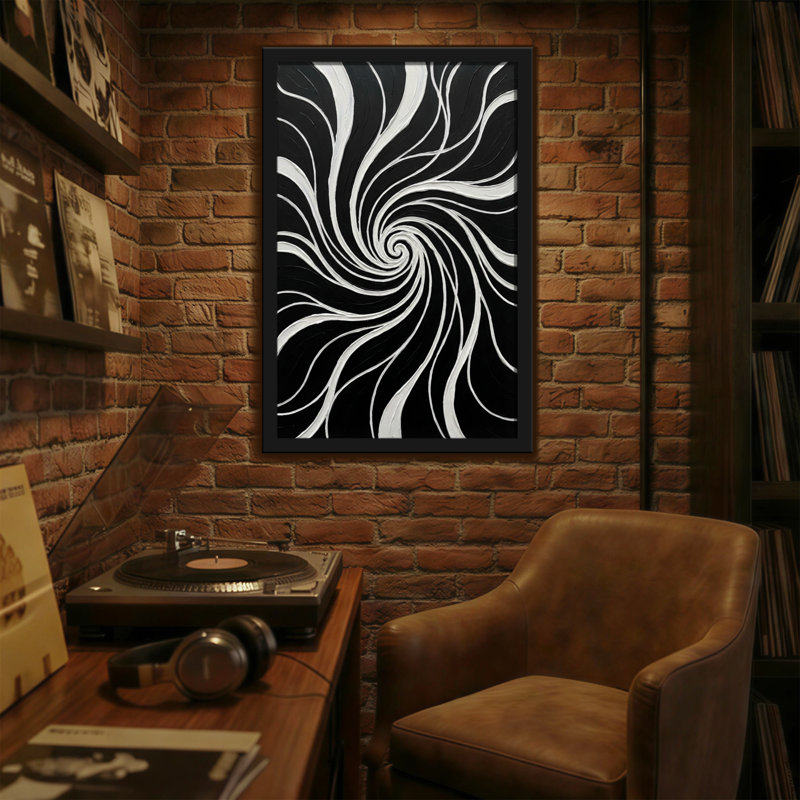 Reproduction d'art abstrait à motif de tourbillons noir et blanc, H 18 po x l 12 po