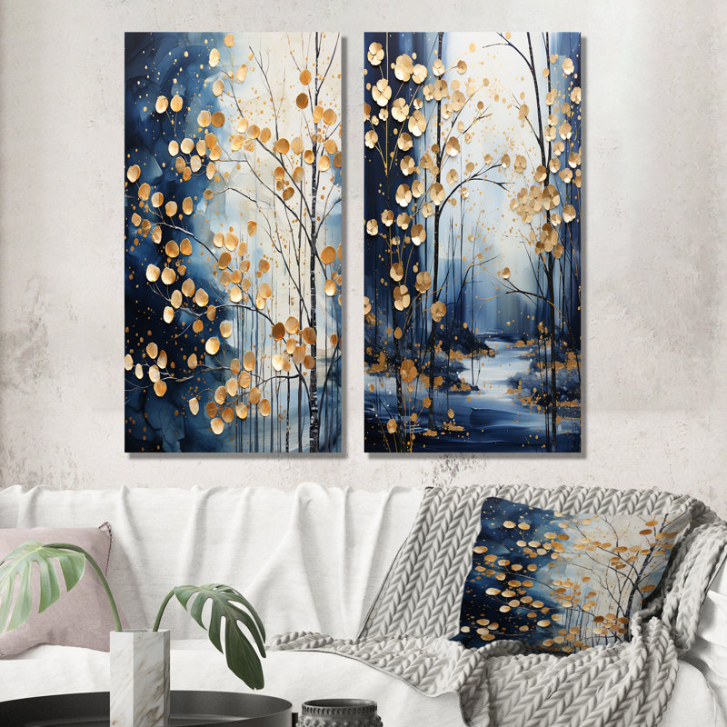 Or et bleu, arbre d'hiver, forêt d'hiver I - ensemble d'art mural en métal arbre érable, H 32 po x l 32 po