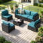 Ensemble de conversation d'extérieur modulaire en rotin 7 pièces avec coussins - noir / bleu-242393092