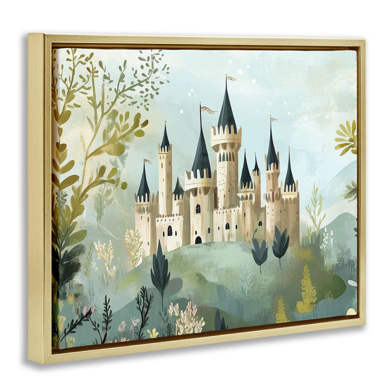 Cadre flottant princesse vue du château, design par Christine Simpson Art, H 17 po x l 21 po, Cadre flottant métallique doré