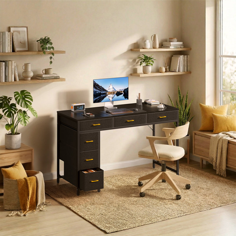 Computer Desk with 6 Drawers, 47" Home Office Desk with Fabric Storage, Sturdy Steel Frame, Vintage Wood Grain Writing Table for Bedroom, Living Room, 3 Color Options