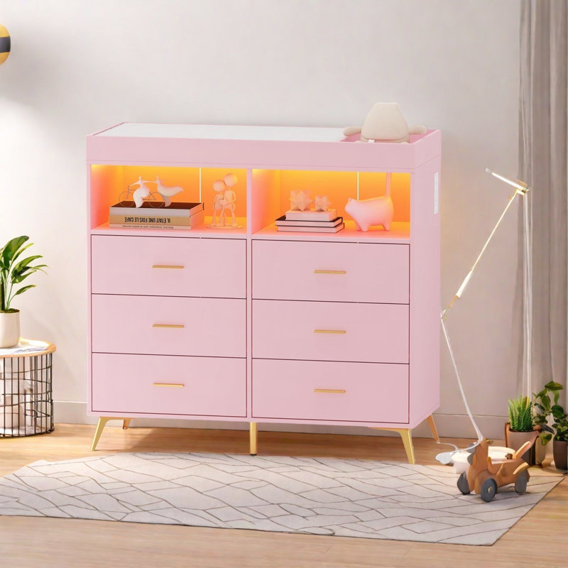 Dresser For Bedroom With Led Lights And Power Outlet, Baby Changing Table Dresser With 6 Drawers, Pink