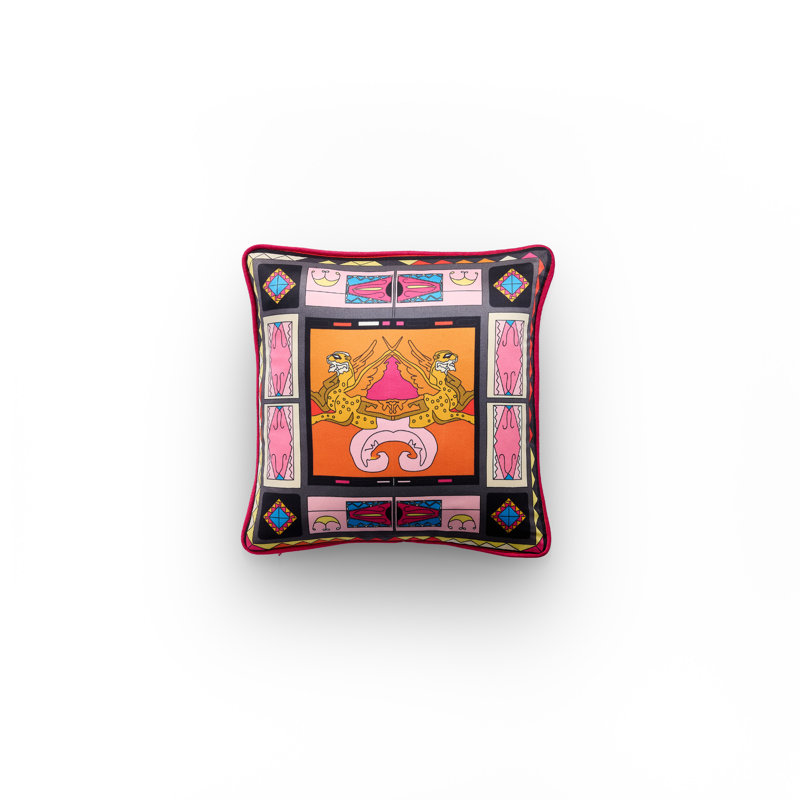 Zeugma Mosaic Printed Silk Pillow, Bright Pink