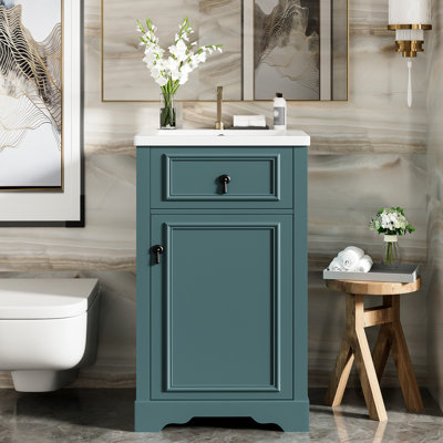 Meuble-lavabo de 20 pouces avec lavabo en céramique, tablette réglable et organisateur de porte pour petites portes à fermeture en douceur, poignée élégante en alliage d'aluminium