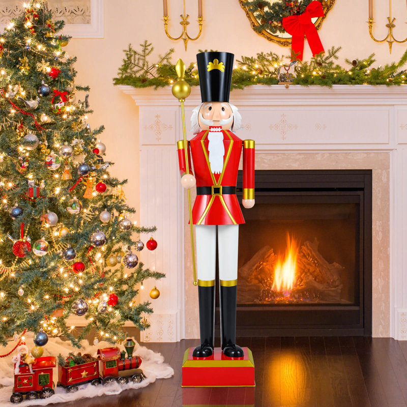 Casse-noisette de Noël 4 pi avec chapeau haut de forme et magnifique sceptre, uniforme et bottes pour la cour - noir et rouge
