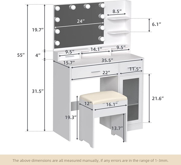 Latitude Run® Vanity Desk with Mirror and Lights,White Makeup Vanity with  Power Outlet & Storage Stool & Reviews