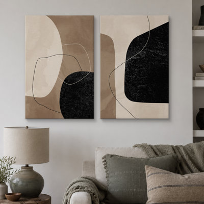Mid Century Shape "Warm Brown & Faded Black Abstract Lines Artwork, Modern Minimalist Neutral Wall Pictures, Framed Canvas Giclée Print 2 Pieces Wall Art" 16x24x2 pcs, 24x36x2 pcs