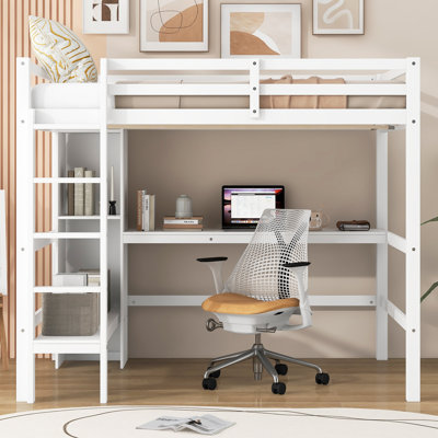 Lit mezzanine double Roomfitter avec bureau, tablettes et échelle, structure en bois peu encombrante pour la chambre à coucher, blanc