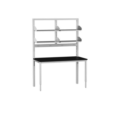 Banc Integra, l 60 po x P 30 po, base coulissante, plateau époxy, finition thermolaquée époxy blanc cassé, 4 prises doubles blanches standard (circuit unique), assemblage en deux parties, comprenant deux tablettes configurables