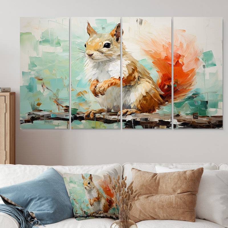 «Rose and Green Squirrel Blooming V - Squirrel», art mural 4 pièces, H 32 po x l 64 po