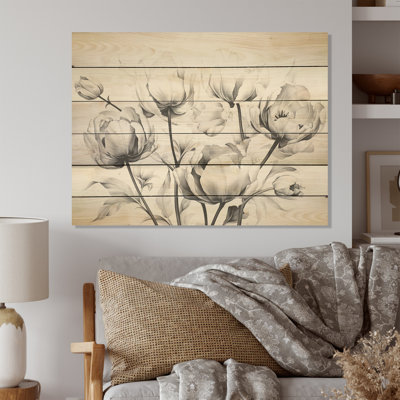 Minimalism Black White Tulips Symphony I - Tulips Wood Panel Wall Art On Natural Pine Wood