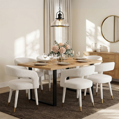 Modern 71" Rectangular Dining Set With 6 Chenille Upholstered Curved Arm Dining Chairs